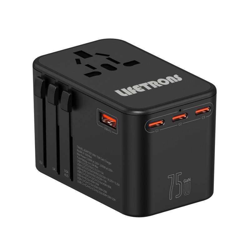 75W GaN AC Travel Adaptor 3-Type-C 2-USB Charge Black 75W GaN AC Travel Adaptor 3-Type-C 2-USB Charge Black