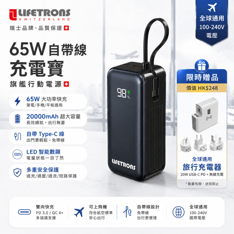 【Free Gift】LIFETRONS | 20000mAh 自帶線PD65W筆電級快充流動充電器 免帶線/MacBook快充/多裝置同充/大容量尿袋 LD-Ultra